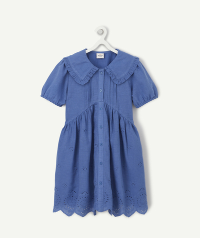 Girl radius - GIRLS' BLUE COTTON DRESS WITH BRODERIE ANGLAIS