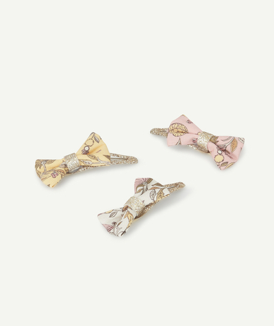 Baby-girl radius - SET OF THREE BABY GIRLS' GOLDEN HAIR CLIPS WITH FLORAL BOWS