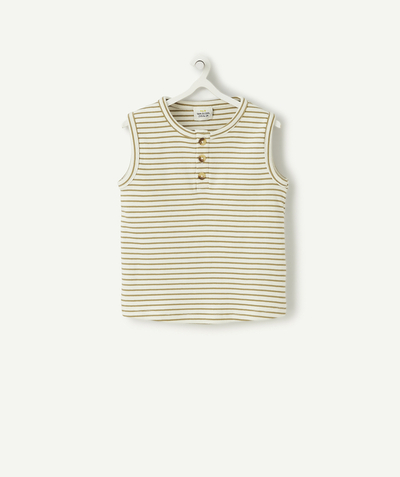 TEE SHIRT Tao Categories - BABY BOYS' GREEN AND WHITE SAILOR-STYLE RIBBED T-SHIRT IN ORGANIC COTTON