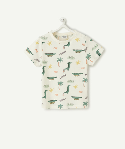 T-shirt radius - BABY BOYS' CREAM ORGANIC COTTON T-SHIRT WITH A BEACH PATTERN AND A CROCODILE