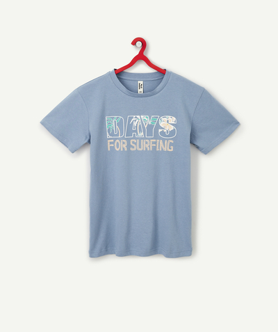 T-shirt Onderafdeling,Onderafdeling - BLAUW JONGENSSHIRT VAN BIOKATOEN MET OPSCHRIFT DAYS FOR SURFING