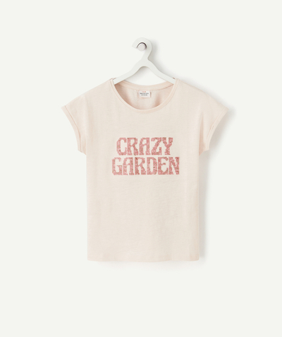 TOP radius - GIRLS' T-SHIRT IN LIGHT PINK ORGANIC COTTON WITH AN EMBROIDERED MESSAGE
