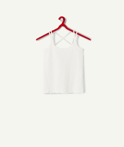 Teen girls' clothing Tao Categories - GIRLS' WHITE T-SHIRT IN ORGANIC COTTON WITH CROSSED STRAPS