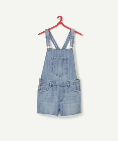 Bottoms family - GIRLS DUNGAREES IN LOW ENVIRONMENTAL IMPACT DENIM WITH EMBROIDERED FLOWERS