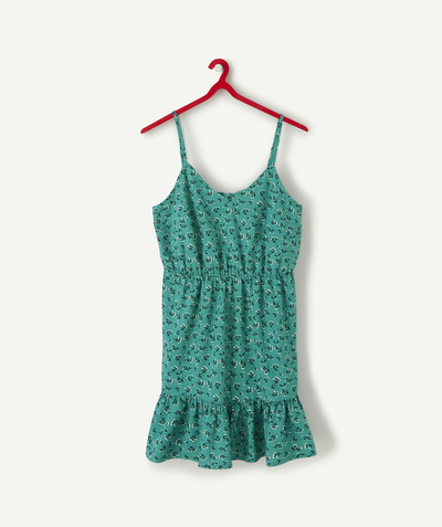 Teen girls' clothing Tao Categories - GIRLS' GREEN DRESS IN ECO-FRIENDLY VISCOSE WITH A FLORAL PRINT