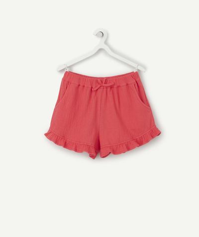 Bottoms Tao Categories - GIRLS' FUCHSIA PINK COTTON SHORTS WITH FRILLS
