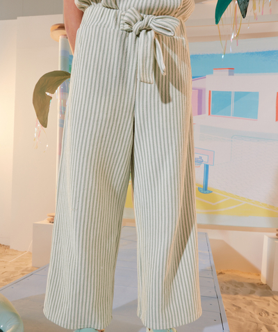 Our summer prints radius - GIRLS' GREEN AND WHITE STRIPED WIDE-LEG EMBOSSED RECYCLED FIBERS TROUSERS