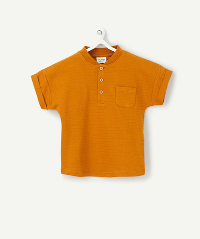 Tops Tao Categories - BABY BOYS' OCHRE T-SHIRT IN ORGANIC COTTON WITH A GRANDAD COLLAR