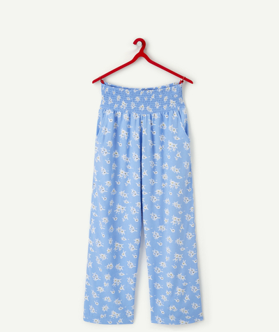 Bottoms family - FLOWING BLUE TROUSERS FOR GIRLS IN ECO-FRIENDLY VISCOSE WITH A FLORAL PRINT