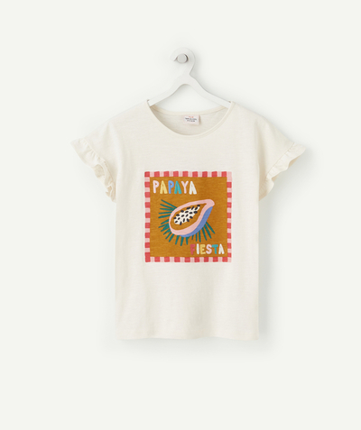 Tee-shirt radius - GIRLS' T-SHIRT IN WHITE ORGANIC COTTON WITH A PAPAYA FIESTA DESIGN