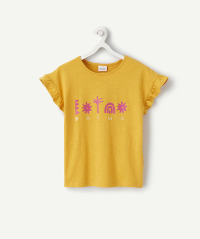 Shirt - Blouse Tao Categories - GIRLS' MUSTARD PALMA T-SHIRT IN ORGANIC COTTON WITH PINK FLOCKING