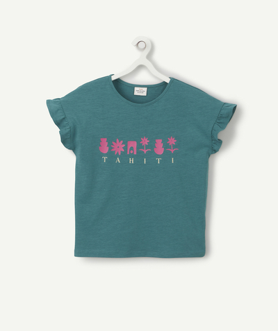 T-shirt Categories Tao - T-SHIRT FILLE VERT TAHITI EN COTON BIO AVEC IMPRIMÉ ROSE