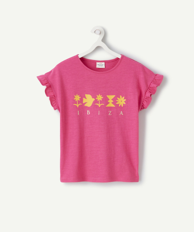 T-shirty - Koszulki Rayon - RÓŻOWY T-SHIRT DLA DZIEWCZYNKI IBIZA Z BAWEŁNY BIO Z MUSZTARDOWYM FLOKOWANIEM