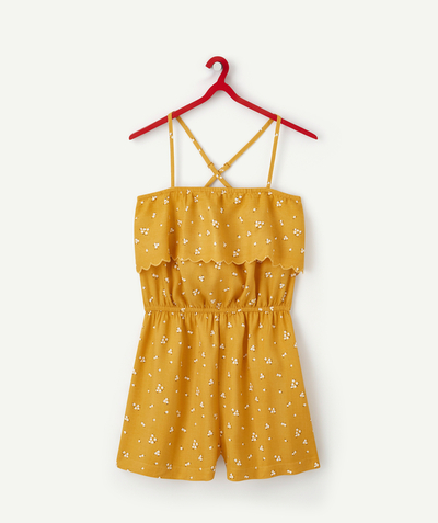 Bottoms family - GIRLS' MUSTARD PLAYSUIT IN ECO-FRIENDLY VISCOSE WITH A FLORAL PRINT