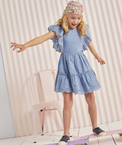Clothing Tao Categories - GIRLS' BLUE COTTON DRESS WITH FRILLS AND OPEN AT THE SIDES