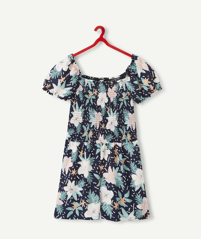 Bottoms family - GIRLS' NAVY BLUE AND TROPICAL PRINT DRESS IN ECO-FRIENDLY VISCOSE