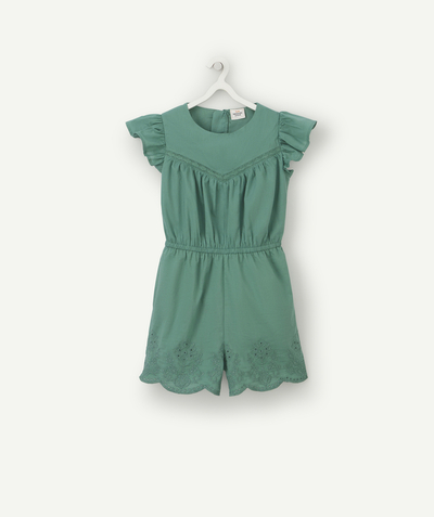 Bottoms Tao Categories - GIRLS' GREEN COTTON PLAYSUIT WITH EMBROIDERED DETAILS