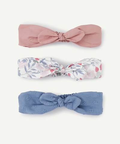 Hair accessories Tao Categories - SET OF THREE BABY GIRLS' BLUE, PINK AND WHITE FLORAL PRINT HEADBANDS
