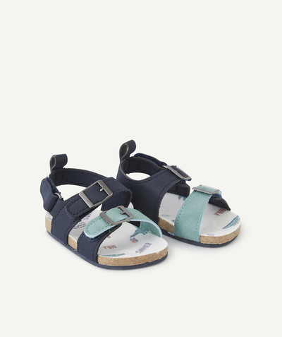 20% off ALL sandals* Tao Categories - BABIES' NAVY BLUE SANDAL-STYLE BOOTIES WITH PRINTED SOLES