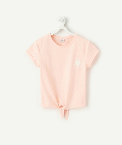 Girl radius - GIRLS' CORAL T-SHIRT IN ORGANIC COTTON WITH A BOW AND SEQUINED FLOCKING