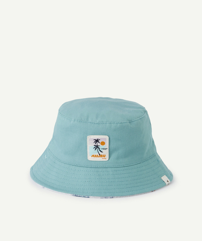 Hat, cap Tao Categories - BABY BOYS' REVERSIBLE BLUE AND WHITE PRINTED COTTON BUCKET HAT WITH A PATCH
