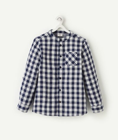 Koszule - Koszulki Polo Rayon - KOSZULA W NIEBIESKĄ KRATĘ ZE STÓJKĄ Z BAWEŁNY DLA CHŁOPCA