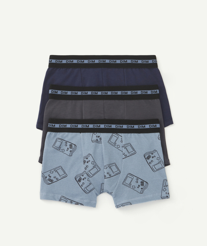 DIM ® Sub radius in - PACK OF THREE PAIRS OF BOYS' BOXER SHORTS, PRINTED OR PLAIN BLUE AND GREY