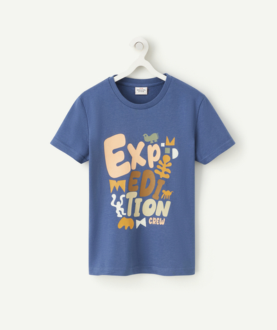 T-shirt  Rayon - T-SHIRT GARÇON EN COTON BIO BLEU AVEC MESSAGE COLORÉ