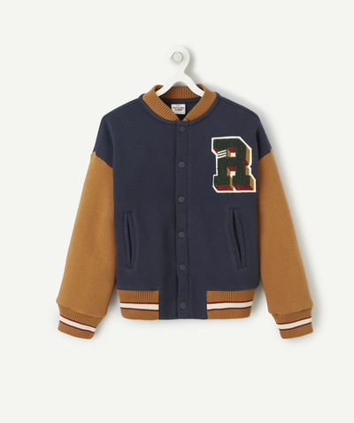 Our latest looks radius - BOYS' VARSITY-STYLE BLUE AND TAN RECYCLED FIBRE JACKET