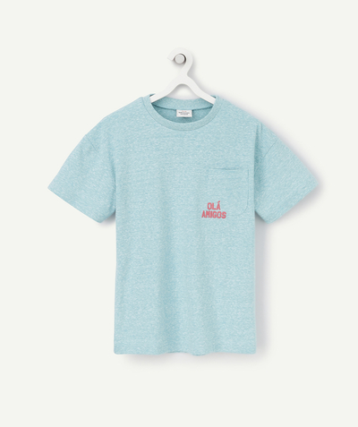 Shirt - Blouse Tao Categories - BOYS' BLUE T-SHIRT WITH A POCKET AND AN EMBROIDERED MESSAGE