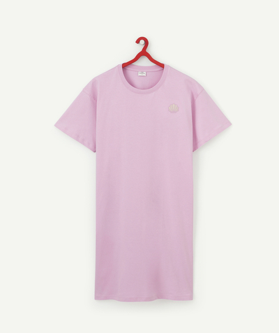 Tee-shirt radius - WOMEN'S MAUVE ORGANIC COTTON T-SHIRT DRESS WITH A SHELL DESIGN