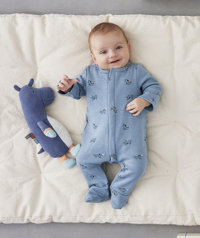 Sleepsuit - Pyjama radius - BLUE ZIPPED SLEEPSUIT IN RECYCLED FIBRES WITH FLOCKED DOGS
