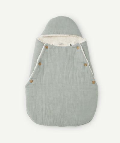 New In radius - BABY SLEEPING BAG IN ORGANIC COTTON AND POWDER GREEN SHERPA