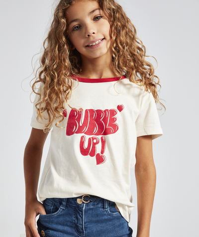 TOP radius - BABY GIRLS' CREAM ORGANIC COTTON T-SHIRT WITH A BUBBLE MESSAGE IN RELIEF