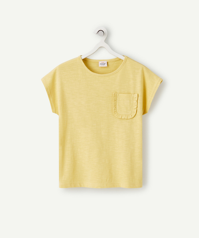 T-shirty - Koszulki Rayon - ŻÓŁTY T-SHIRT Z KIESZONKĄ DLA DZIEWCZYNKI Z BAWEŁNY BIO