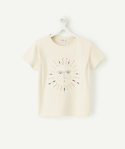 Tee-shirt radius - GIRLS' CREAM ORGANIC COTTON T-SHIRT WITH AN EMBROIDERED SUN AND FACE