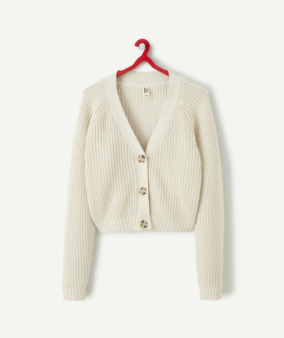 Pullover - Cardigan radius - GIRLS' CREAM KNITTED CARDIGAN WITH BUTTONS AND V-NECK