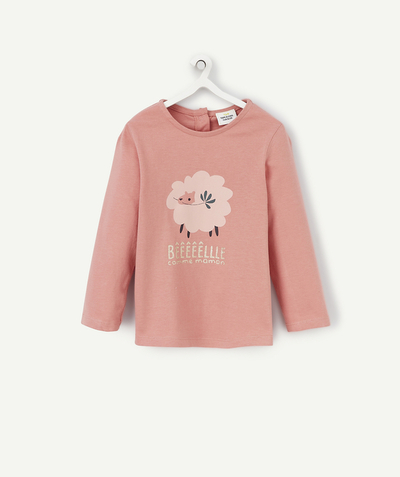 Fête des parents Tao Categories - BABY GIRLS' LONG SLEEVED PINK T-SHIRT IN ORGANIC COTTON WITH FLOCKED SHEEP