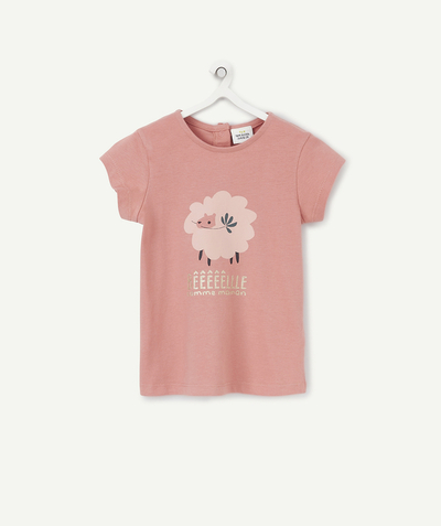Fête des parents Tao Categories - BABY GIRLS' PINK T SHIRT IN ORGANIC COTTON WITH FLOCKED SHEEP