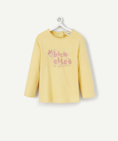 Fête des parents Tao Categories - BABY GIRLS' YELLOW LONG-SLEEVED ORGANIC COTTON T-SHIRT WITH A PINK MESSAGE