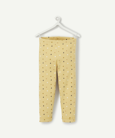 Leggings - Treggings family - GIRLS' YELLOW RIBBED LEGGINGS IN ORGANIC COTTON WITH A HEART PRINT