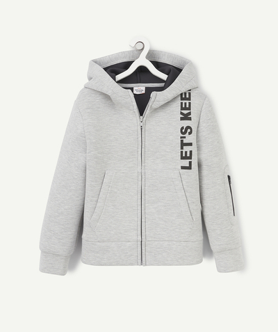 Boy radius - BOYS' ZIP-UP HOODED WAISTCOAT IN MOTTLED GREY WITH A FLOCKED MESSAGE