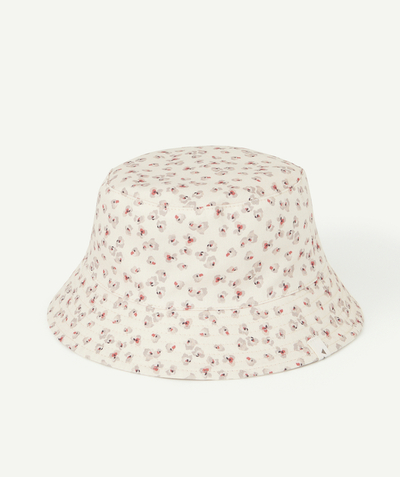 Hat, cap Tao Categories - BABY GIRLS' REVERSIBLE POWDER PINK AND PRINTED COTTON BUCKET HAT