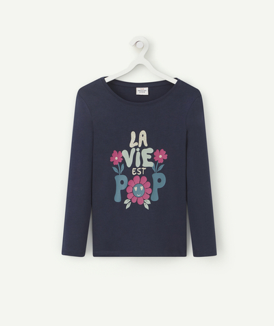 Nice price radius - GIRLS' NAVY BLUE ORGANIC COTTON T-SHIRT WITH A MESSAGE AND FLOWERS