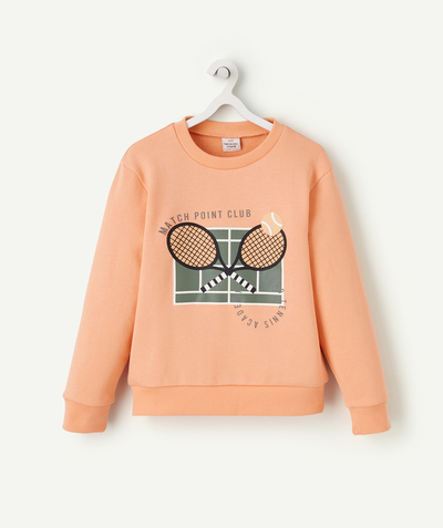 Fashion Tao Categories - BOYS' ORANGE SWEATSHIRT IN RECYCLED FIBRES WITH A TENNIS THEME