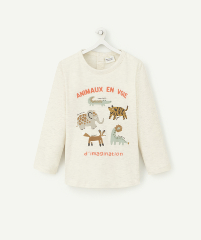T-shirt radius - BABY BOYS' CREAM MARL ORGANIC COTTON T-SHIRT WITH ANIMALS