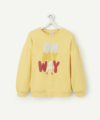 TOP radius - GIRLS' YELLOW SWEATSHIRT IN RECYCLED FIBRES WITH A SEQUINNED MESSAGE