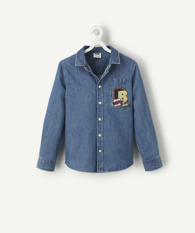 Boy radius - BOYS' DENIM SHIRT WITH COLOURFUL MESSAGE PATCHES AND SNAP BUTTONS