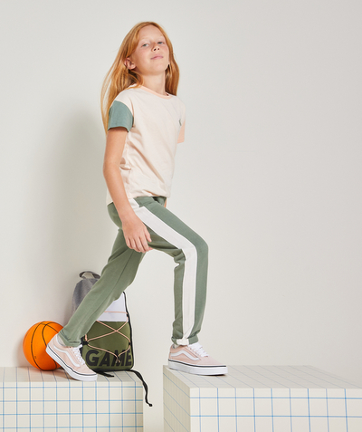 Trousers - jogging pants radius - GIRLS' KHAKI RECYCLED COTTON JOGGERS WITH WHITE BANDS