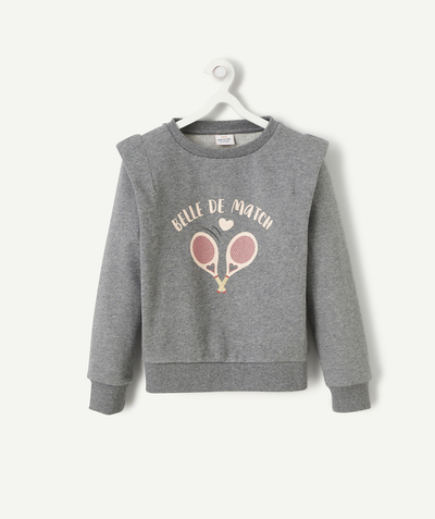 Back to school collection radius - GIRLS' GREY MARL RECYCLED FIBRE SWEATSHIRT WITH TENNIS DESIGN